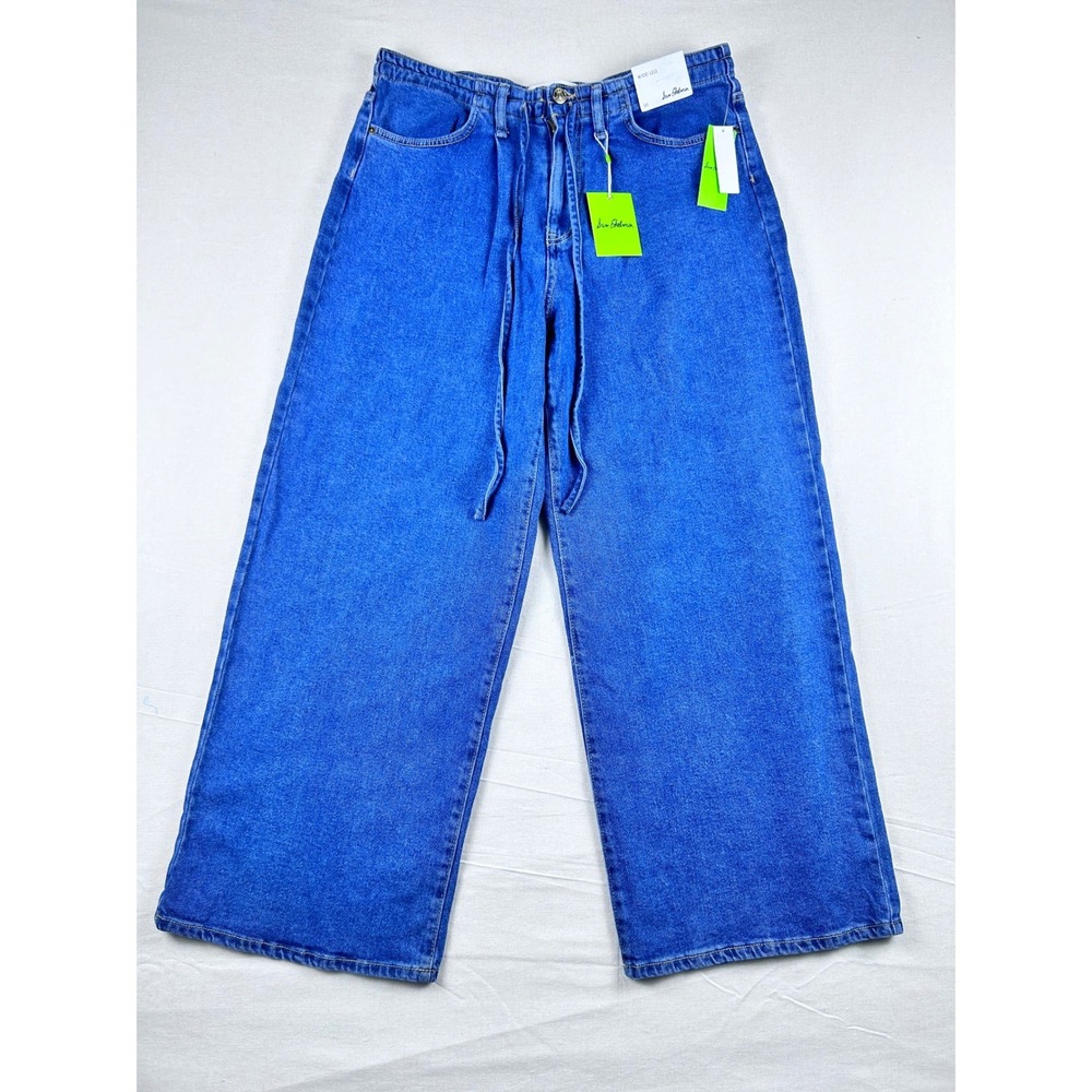 Sam Edelman Wide Leg Jeans Domino Wash Drawstring Denim Blue Size 30 NEW